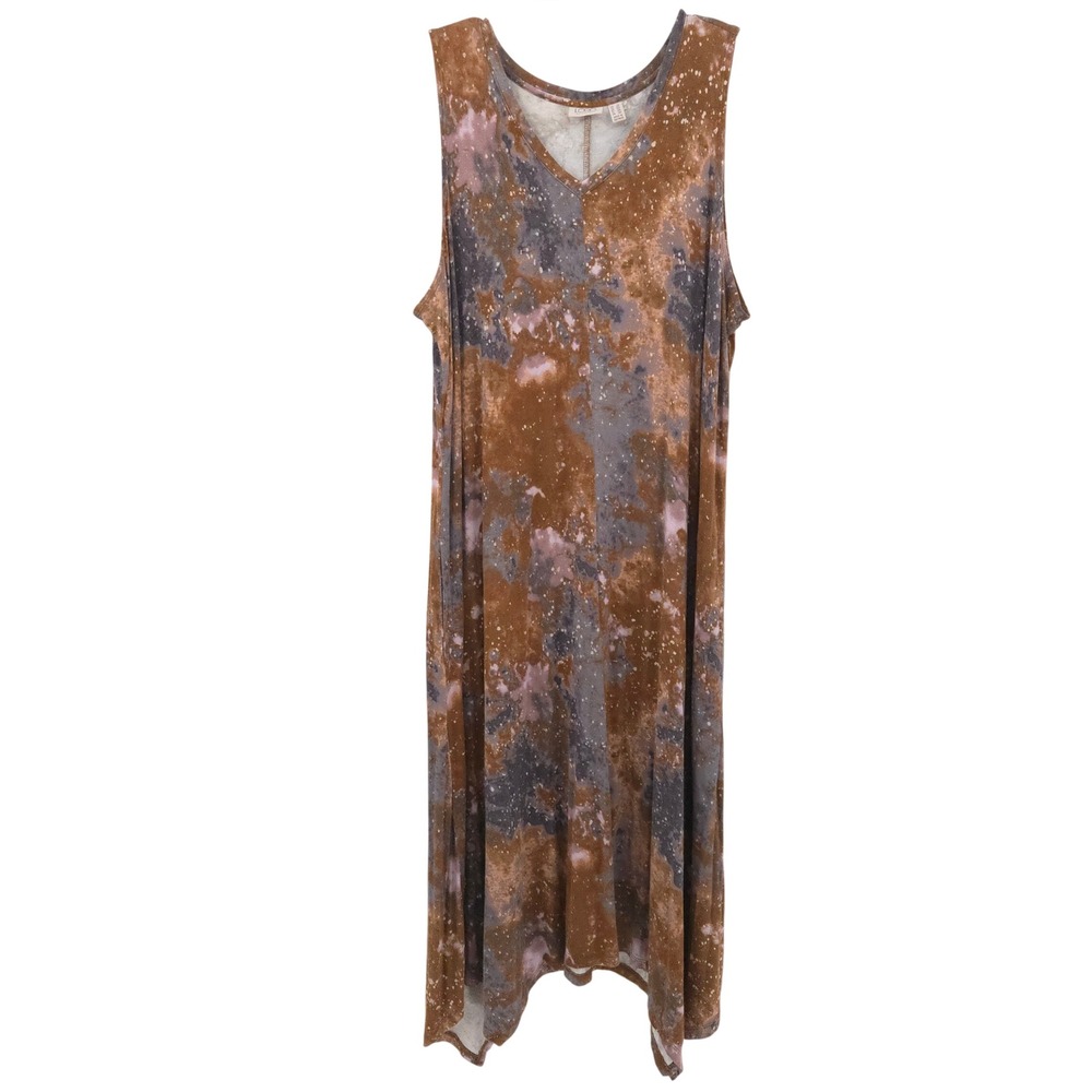 LOGO Lori Goldstein Maxi Dress Womens 2X Brown Tie Dye Acid Wash‎ Sharkbite Hem